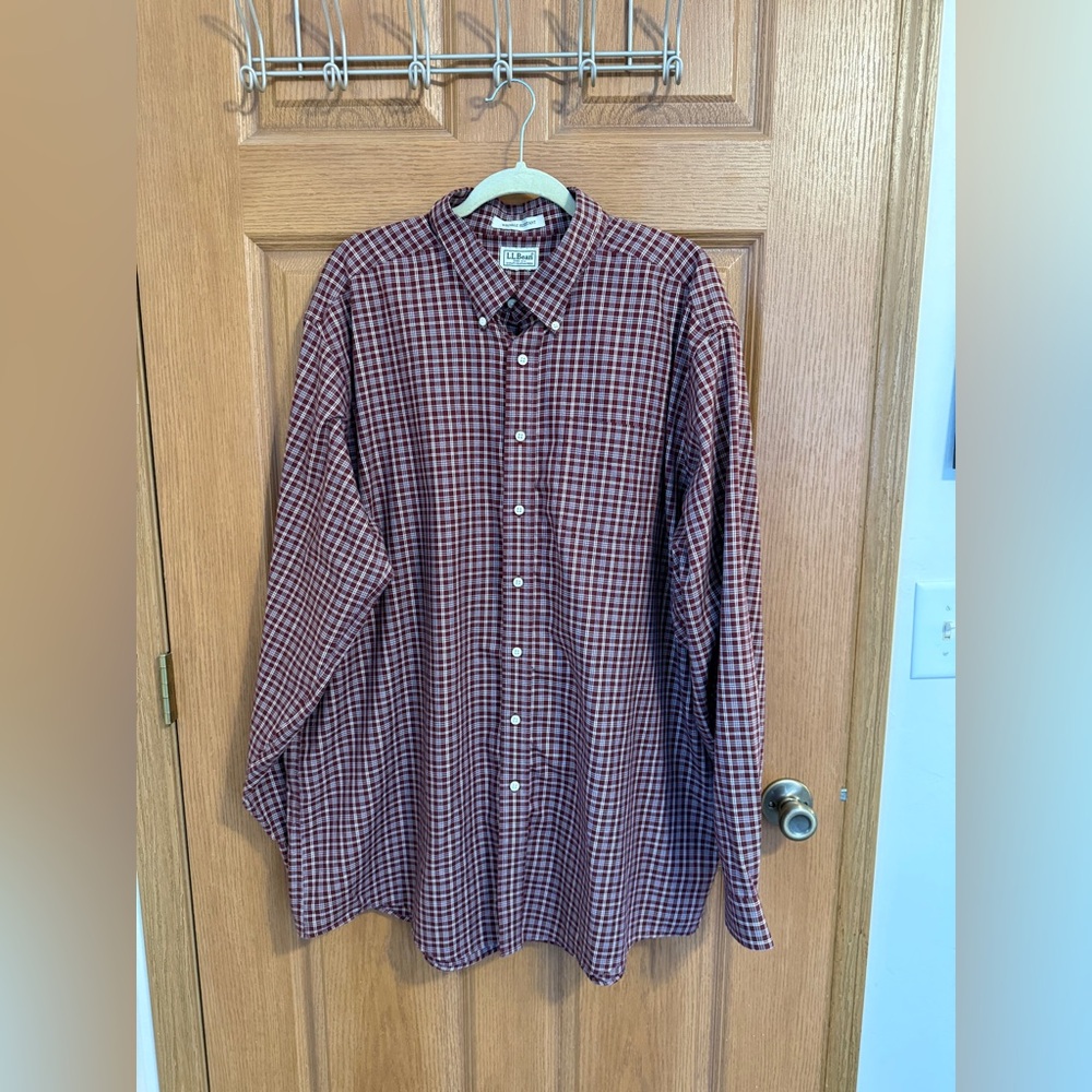 LL Bean button down shirt long sleeve mens plaid  dark red classic size 4xl tall